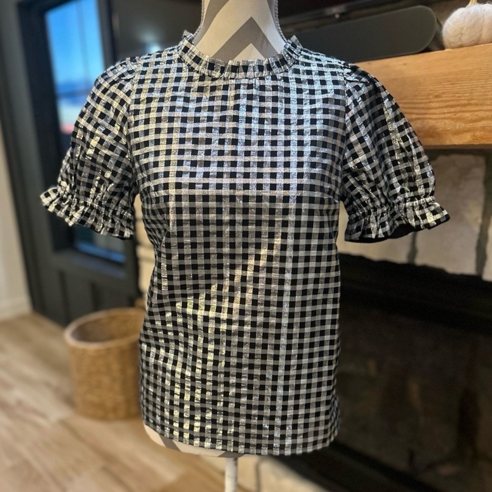 J.Crew XS Puff Sleeve Silver Check Blouse Holiday Metallic